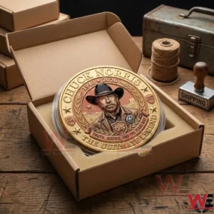 A Chuck Norris commemorative coin packaged inside a shipping box with foam padding.