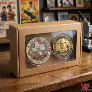 A display box containing two different Chuck Norris commemorative coins on a wooden table.
