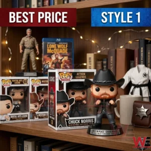 A collection of Chuck Norris memorabilia on a shelf including figures and books!