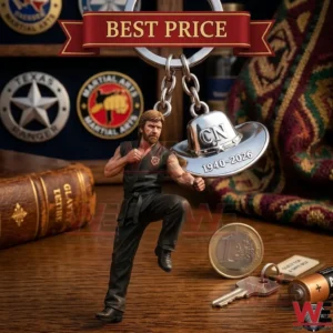 Detailed collectible figure of a martial artist kick as a keychain next to a commemorative metal cowboy hat charm on a desk with old books!
