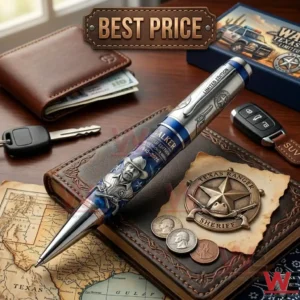 Detailed commemorative pen with western themes and Texas Ranger branding displayed with various personal accessories and a badge!