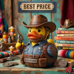 A collectible rubber duck dressed as a Texas Ranger with a cowboy hat and silver pistol on a wooden table.