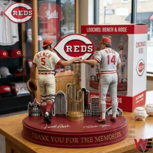 This amazing display features players Johnny Bench and Pete Rose doing a fist bump! They stand next to a championship trophy and a city skyline! The red base has the words thank you for the memories! It is a great tribute to the famous baseball team!