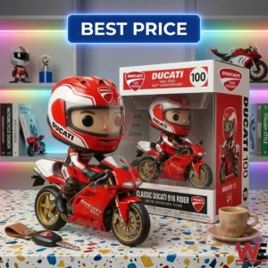 A collectible vinyl figure of a Ducati rider and motorbike.