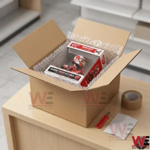 A collectible motorcycle figure inside its packaging within a shipping box.