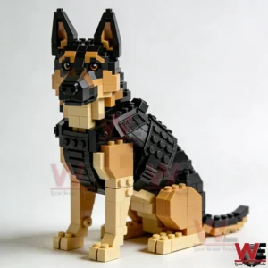 Brick built German shepherd dog model sitting on white background!