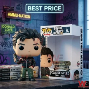 A collectible figure of Claude from Grand Theft Auto III standing next to its box on a desk!
