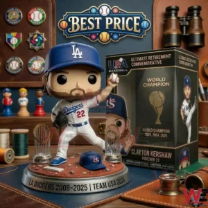 A Clayton Kershaw collectible figure in a Los Angeles Dodgers uniform is shown in a pitching pose on a dirt mound base next to its commemorative box!