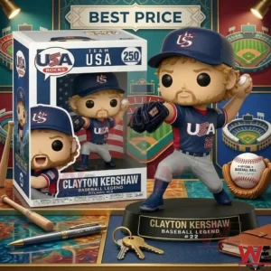 Collectible vinyl figure and its display box showing Clayton Kershaw in a USA baseball uniform!