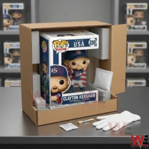 Collectibles packaging process showing a boxed vinyl figure secured with foam inserts and packing materials!