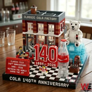 Brick style cola factory anniversary set with a 140 sign a bottle prop and a white bear figure!