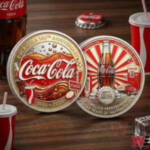 Two Coca Cola anniversary coins displayed on a wooden table with classic Coke items nearby!