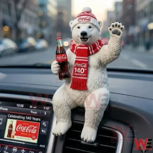 Polar bear Coca Cola figurine waving on a car dashboard while holding a glass bottle!