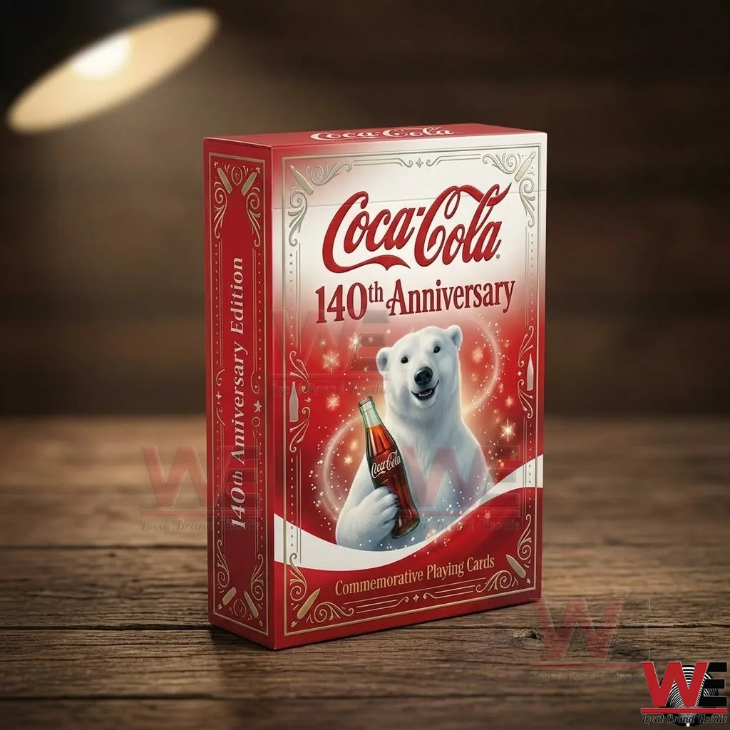 Coca-Cola 140th Anniversary playing card set 2 The front and side view of a red Coca Cola 140th Anniversary card box on a wooden table!