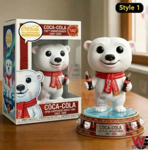 White bear Coca Cola anniversary collectible beside its display box!