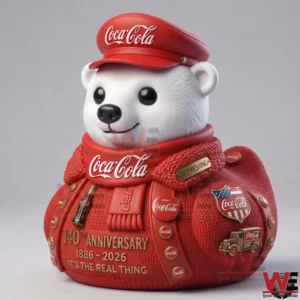 White polar bear Coca Cola anniversary collectible in red outfit!
