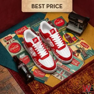 Coca Cola Air Force 1 Shoes 4 Top view of red sneakers with vintage soda decor.