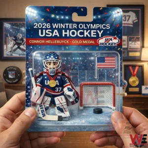 Packaged USA Hockey 2026 Winter Olympics goalie mini figure with USA flag goal net and puck!