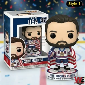 Team USA hockey collectible figure holding an American flag beside a display box!