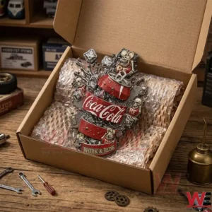 Cool Coca Cola Keep Moving Car Name Badge 10 Soda explosion metal sign in protective packaging.