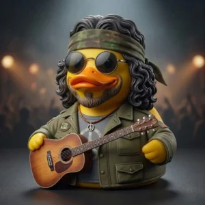 Yellow duck musician figure with sunglasses and guitar on a stage!