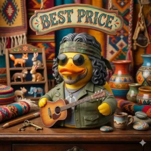 Yellow duck musician figure with guitar on a shop counter under a best price sign!