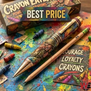 A decorative pen with a soldier theme placed on a messy desk with colorful paint marks and wax crayons!