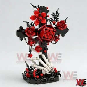Black brick cross with red roses and a white skeletal hand on a dark base!