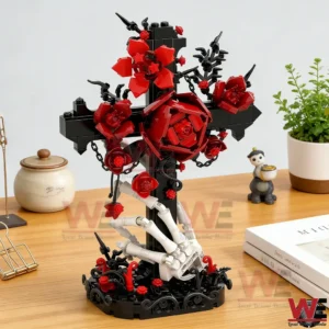 Brick built black cross with red roses on a wooden desk background!