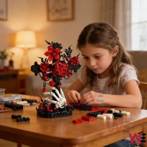 Child building brick pieces next to a rose cross display model!