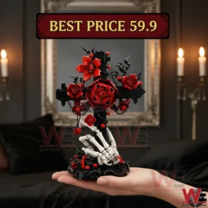 Hand holding a brick built black cross with red roses and a skeletal hand base!