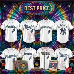 White baseball jerseys with galaxy print team names.