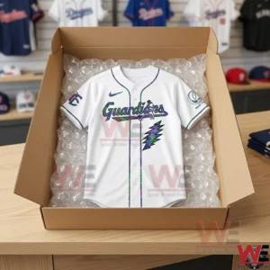 Custom All MLB x Grateful Dead Baseball Jersey 3 Guardians jersey in a shipping box with bubble wrap.