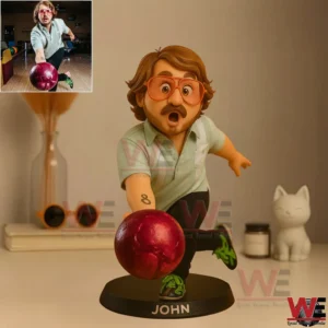 Cartoon style resin figure of a man bowling with a red ball on a base labeled John!
