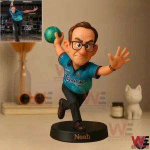 Cartoon style resin figure of an older man with glasses bowling with a green ball on a base labeled Noah!