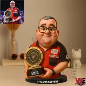Stylized darts player figure holding a large trophy on a display base!
