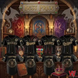 Custom MLB ALL TEAM x Fourth Wing Jersey 9 Collection of team jerseys in a fantasy dragon hall.