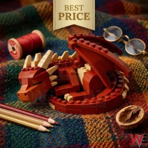 Cute Sleeping Dragon Building Set 5 Sleeping red brick dragon toy on plaid fabric with craft supplies!