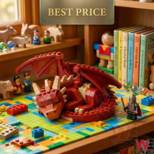 Cute Sleeping Dragon Building Set 7 Red brick dragon toy sleeping on a colorful play mat with a knight figure!