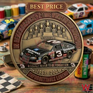 A gold and bronze racing commemorative coin featuring the number 3 car and championship trophies.