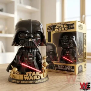 Darth Vader anniversary collectible figure beside themed display box on a table!