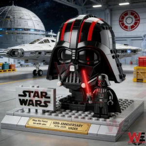 Brick built black helmet display with a small dark armored figure on a base in a spaceship hangar!