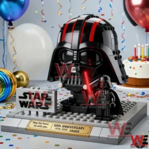 Brick built black helmet display on a base with balloons confetti and a cake in the background!