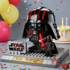 Brick built black helmet display with a small dark armored figure on a base with balloons and a birthday cake behind!