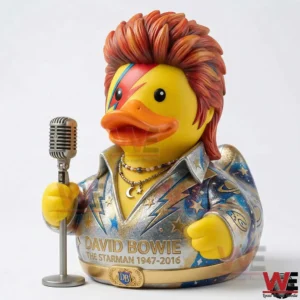 David Bowie starman style rubber duck holding a microphone in a glittery space suit!