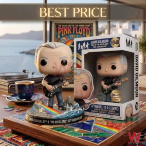 David Gilmour collector figure and display box on a desk with best price sign!