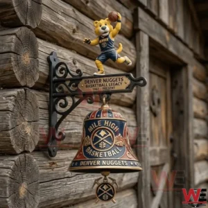 Denver Nuggets wall bell with mascot figure mounted on a rustic wooden wall!