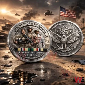 Desert Storm veterans commemorative coin with soldiers and an eagle emblem in a war scene!