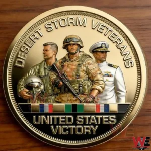 Gold commemorative coin honoring Desert Storm veterans with three military figures and United States victory text!