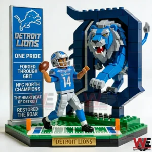 Detroit Lions brick scene with a football player figure and a roaring lion coming out of a tunnel frame!